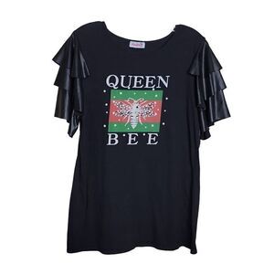 Madrag Queen Bee Faux Leather Ruffle Sleeve Embellished Graphic Knit Top